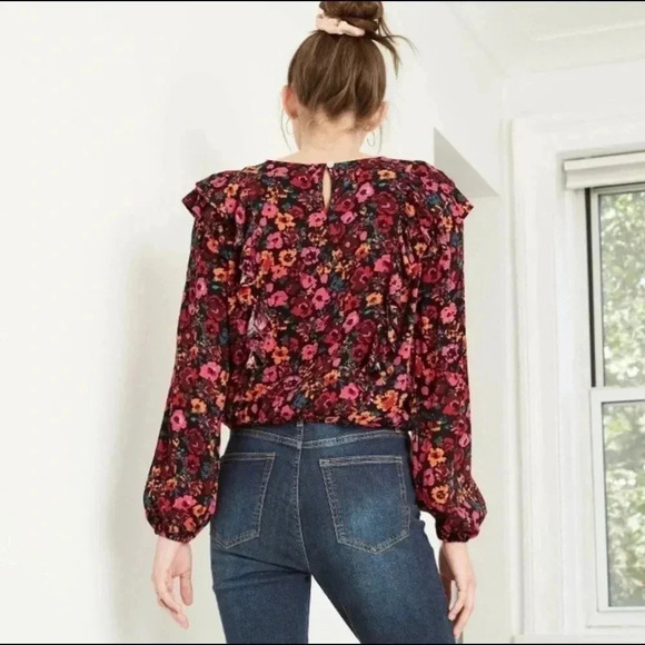 Wild Fable Women's Size Small Black Floral Ruffle Blouse Long Sleeve Cottagecore - Picture 2 of 8